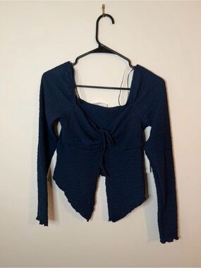 Navy Blue Textured Tie Front Long Sleeve Top Square Neck Handkerchief Hem Blouse